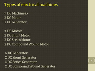 Types of electrical machines
» DCMachines:-
⧖DCMotor
⧖DCGenerator
» DCMotor:
⧖DCShuntMotor
⧖DCSeriesMotor
⧖DCCompoundWoundMotor
» DCGenerator
⧖DCShuntGenerator
⧖DCSeriesGenerator
⧖DCCompoundWoundGenerator
4
 