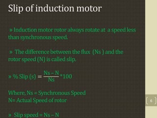 Slip of induction motor
»Inductionmotorrotoralwaysrotateat aspeedless
thansynchronousspeed.
» Thedifferencebetweentheflux (Ns) andthe
rotorspeed(N)iscalledslip.
» %Slip(s) =
Ns–N
Ns
*100
Where,Ns=SynchronousSpeed
N=ActualSpeedofrotor
» Slipspeed=Ns–N
6
 