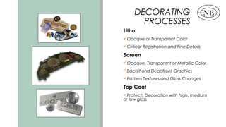 DECORATING
PROCESSES
Litho
Opaque or Transparent Color
Critical Registration and Fine Details
Screen
Opaque, Transparen...