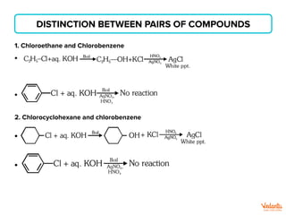 DISTINCTION BETWEEN PAIRS OF COMPOUNDS
1. Chloroethane and Chlorobenzene
2. Chlorocyclohexane and chlorobenzene
 
