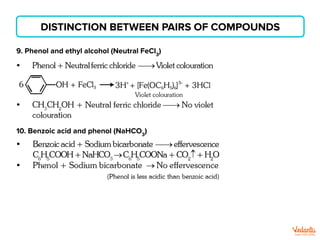 DISTINCTION BETWEEN PAIRS OF COMPOUNDS
9. Phenol and ethyl alcohol (Neutral FeCl3
)
10. Benzoic acid and phenol (NaHCO3
)
 
