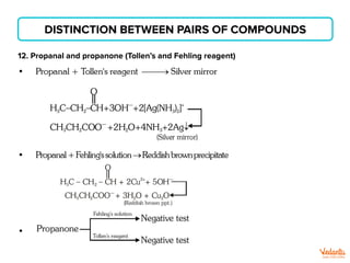 DISTINCTION BETWEEN PAIRS OF COMPOUNDS
12. Propanal and propanone (Tollen’s and Fehling reagent)
 