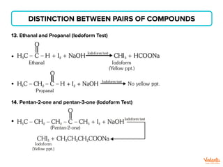 DISTINCTION BETWEEN PAIRS OF COMPOUNDS
13. Ethanal and Propanal (Iodoform Test)
14. Pentan-2-one and pentan-3-one (Iodoform Test)
 