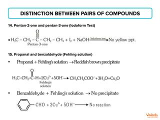 DISTINCTION BETWEEN PAIRS OF COMPOUNDS
14. Pentan-2-one and pentan-3-one (Iodoform Test)
15. Propanal and benzaldehyde (Fehling solution)
 