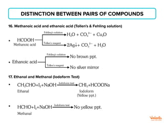 DISTINCTION BETWEEN PAIRS OF COMPOUNDS
16. Methanoic acid and ethanoic acid (Tollen's & Fehling solution)
17. Ethanal and Methanal (Iodoform Test)
 