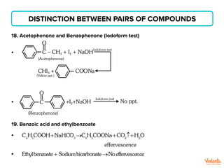 DISTINCTION BETWEEN PAIRS OF COMPOUNDS
18. Acetophenone and Benzophenone (Iodoform test)
19. Benzoic acid and ethylbenzoate
 