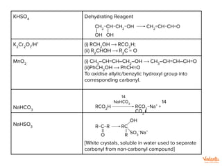 KHSO4
Dehydrating Reagent
K2
Cr2
O7
/H+
(i) RCH2
OH ⟶ RCO2
H;
(ii) R2
CHOH ⟶ R2
C = O
MnO2
(i) CH3
–CH=CH–CH2
–OH ⟶ CH3
–CH=CH–CH=O
(ii)PhCH2
OH ⟶ PhCH=O
To oxidise allylic/benzylic hydroxyl group into
corresponding carbonyl.
NaHCO3
NaHSO3
[White crystals, soluble in water used to separate
carbonyl from non-carbonyl compound]
CH2
=CH−CH=O
CH2
−CH−CH2
−OH
|
OH
|
OH
14
RCO2
−Na+
+
CO2
↑
RCO2
H
14
NaHCO3
RC
R−C−R
||
O
|
R
OH
SO3
−
Na+
 