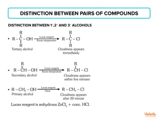 DISTINCTION BETWEEN PAIRS OF COMPOUNDS
DISTINCTION BETWEEN 1°,2° AND 3° ALCOHOLS
 
