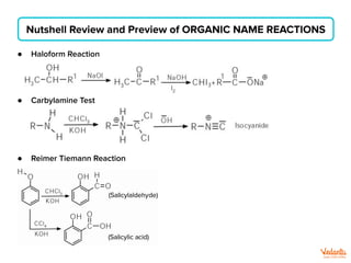 ● Haloform Reaction
● Carbylamine Test
● Reimer Tiemann Reaction
Nutshell Review and Preview of ORGANIC NAME REACTIONS
 