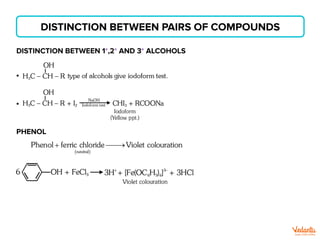 DISTINCTION BETWEEN PAIRS OF COMPOUNDS
DISTINCTION BETWEEN 1°,2° AND 3° ALCOHOLS
PHENOL
 