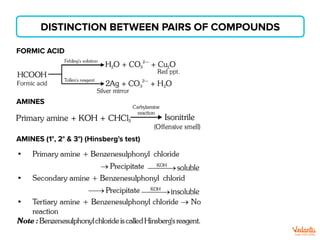 DISTINCTION BETWEEN PAIRS OF COMPOUNDS
FORMIC ACID
AMINES
AMINES (1°, 2° & 3°) (Hinsberg's test)
 