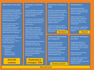 Optimaalinen Infra 2013
Suomen kärkiosaajien näkemys
siitä millainen infra käytännön
kokemusten kautta vuonna 2013
kannattaa rakentaa, jotta se
palvelee 5-6 vuotta eteenpäin.
Rakennamme infran vaihe
vaiheelta päivä aikana.
Vaikka sinulla olisi olemassa
oleva ympäristö, tästä
osaseminaarista voit poimia
teknologioittain ideoita ja
käytännön kokemuksia mitä on
opittu käytännön hankkeissa.
Ympäristössä huomioimme
myös pilvipalveluiden liittämisen
ja käyttämisen oman
ympäristön jatkeena, mikä on
nykyisin kysytty aihe
Käsiteltävät aihepiirit
- Perusrakenne
- Identiteetti
- Hallittavuus
- Sovellusten jakelu
- Palveluautomaatio
Työasemien sisuskalut ja
vinkit
Sukelletaan syvälle työasemien
toimintaan Suomen ja maailman
parhaita puhuja-arvosanoja
saaneiden MVP:iden vetäminä.
Uudet asiat joista kannattaa
tietää. Nykyisten versioiden
syvällinen optimointi ja
ongelmanratkaisu.
Entä XP, tuki loppuu 8.4.2014.
Jos XP:tä on ympäristössäsi vielä
jäljellä, mitä tässä ajassa ehtii
enää tehdä??
Liiketoimintajärjestelmät,
BI ja Integraatio
Mitkä ovat kokemukset ja
toteutukset tällä alueella.
Onko Big data liian suuri
Suomeen vai onko siitä hyötyä?
Mitä uutta BI –rintamalla jota
kannattaa tietää järjes-
telmistä ja niiden tuottaman
tiedon analysoinnista?
Parhaat käytännöt toteuttaa
integraatiota BizTalkin avulla.
Mobiiliratkaisut
Windows Phone MVP:n
näkemys Windows Phone 8:n
käytöstä yrityskäytössä. Mitä
uutta on tarjolla?
Liiketoimintasovellus tai
palvelusovellus yrityksellesi,
kuinka teen? Mitä minun
tilaajana kannattaisi tietää
sovelluksista?
Microsoft ja eri mobiilialustat,
iOS ja Android, mitä tarjolla
kullekin?
SharePoint, Exchange ja
Lync 2013
Tiesitkö että SharePoint –
räätälöintisi voivat mennä
uusiksi? Miksi? Mitä kannattaa
tehdä? Mitä muuta on opittu
SharePointista?
Milten laadittu SharePoint –
projekti onnistuu?
Exchange 2013, kokemuksia
kentältä. Exchange ja
SharePoint yhdessä, onko syitä
kytkeä toisiinsa?
Strategiat ja roadmapit
2013
Suomalaiset MVP:t ovat tiiviisti
mukana Microsoftin tuotekehi-
tyksessä ja kansainvälisessä
tietojen vaihdossa.
He tuntevat oman erikoisalansa
syvällisesti ja voivat kertoa mitä
merkittävää nykyisiin teknolo-
gioihin kuuluu.
Lisäksi heillä on näkemystä
siihen mitkä ovat suunnat ja
päätökset joita Microsoftin
tuotekehityksessä painotetaan.
Miten nämä vaikuttavat siihen
miten sinun kannattaa
investoida ja suunnitella?
Mitkä ovat keskeisien tuotteiden
roadmapit? Miten nämä
kannattaa huomioida nyt?
Kuule Microsoftin tuotekehi-
tyksessä mukana olevien ja
Suomalaisien asiakkaiden kanssa
toimivien huippuosaajien
näkemykset.
2013 MS
tuotteet
Roadmapit ja
strategiat. TDM
Windows 8 Phone 8
Business solutions
Microsoft Cloud
 