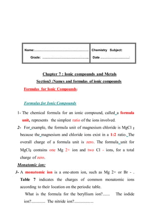 Name:……………………………………………
Grade: ……………………………………..
Subject:Chemistry
:Date ………………………
Chapter 7 : Ionic compounds and Metals
Section3 :Names and formulas of ionic compounds
Formulas for Ionic Compounds:
Formulas for Ionic Compounds
1- The chemical formula for an ionic compound, called a formula
unit, represents the simplest ratio of the ions involved.
2- For example, the formula unit of magnesium chloride is MgCl 2
because the magnesium and chloride ions exist in a 1:2 ratio. The
overall charge of a formula unit is zero. The formula unit for
MgCl2 contains one Mg 2+ ion and two Cl - ions, for a total
charge of zero.
Monatomic ion:
3- A monatomic ion is a one-atom ion, such as Mg 2+ or Br - .
Table 7 indicates the charges of common monatomic ions
according to their location on the periodic table.
What is the formula for the beryllium ion?....... The iodide
ion?.............. The nitride ion?...................
 