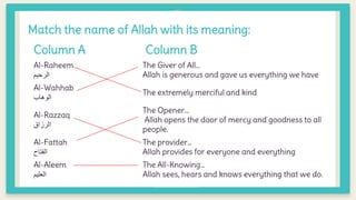 Column A Column B
Al-Raheem
‫الرحيم‬
The Giver of All…
Allah is generous and gave us everything we have
Al-Wahhab
‫الوهاب‬
The extremely merciful and kind
Al-Razzaq
‫الرزاق‬
The Opener…
Allah opens the door of mercy and goodness to all
people.
Al-Fattah
‫الفتاح‬
The provider…
Allah provides for everyone and everything
Al-Aleem
‫العليم‬
The All-Knowing…
Allah sees, hears and knows everything that we do.
Match the name of Allah with its meaning:
 