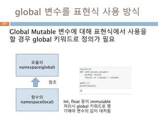 String : translate : 치환 사례 2
문자열에 대한 치환 테이블을 string.maketran
함수로 정의하고 translate 메소드를 이용해서 문
자를 숫자로 치환
205
 