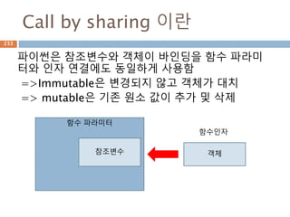 Sequence - Tuple 기본 처리
tuple타입에 immutable 타입으로 내부 원소에 대해
갱신이 불가능하여 리스트처리보다 제한적
Slicing은 String 처럼 처리가능
Python Expression Results Description
T =(1,) (1,) 튜플의 원소가 하나인 경우 생성 꼭 한 개일 경우는
뒤에 꼼마(,)를 붙여야 함
T = (1,2,3,4) (1, 2, 3, 4) 튜플 생성
len((1, 2, 3)) 3 Length 함수로 길이 확인
(1, 2, 3) + (4, 5, 6) (1, 2, 3, 4, 5, 6) 튜플을 합치기 Concatenation
('Hi!‘) * 4 'Hi!Hi!Hi!Hi!' 튜플의 반복을 string으로 표시
3 in (1, 2, 3) True 튜플 내의 원소들이 Membership
for x in (1, 2, 3): print x, 1 2 3 튜플의 원소들을 반복자 활용 - Iteration
233
 