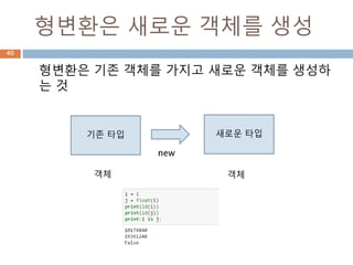 형변환은 새로운 객체를 생성
형변환은 기존 객체를 가지고 새로운 객체를 생성하
는 것
기존 타입 새로운 타입
객체 객체
new
40
 
