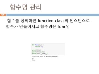 함수명 관리
함수를 정의하면 function class의 인스턴스로
함수가 만들어지고 함수명은 func임
420
 