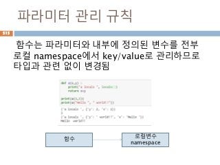 파라미터 관리 규칙
함수는 파라미터와 내부에 정의된 변수를 전부
로컬 namespace에서 key/value로 관리하므로
타입과 관련 없이 변경됨
함수
로컬변수
namespace
515
 