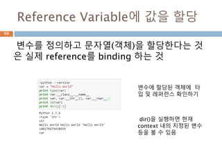 Reference Variable에 값을 할당
변수를 정의하고 문자열(객체)을 할당한다는 것
은 실제 reference를 binding 하는 것
변수에 할당된 객체에 타
입 및 레퍼런스 확인하기
dir()을 실행하면 현재
context 내의 지정된 변수
등을 볼 수 있음
69
 