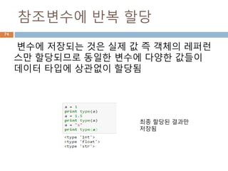 참조변수에 반복 할당
변수에 저장되는 것은 실제 값 즉 객체의 레퍼런
스만 할당되므로 동일한 변수에 다양한 값들이
데이터 타입에 상관없이 할당됨
최종 할당된 결과만
저장됨
74
 