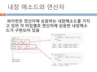 내장 메소드와 연산자
파이썬은 연산자에 상응하는 내장메소드를 가지
고 있어 각 타입별로 연산자에 상응한 내장메소
드가 구현되어 있음
84
 