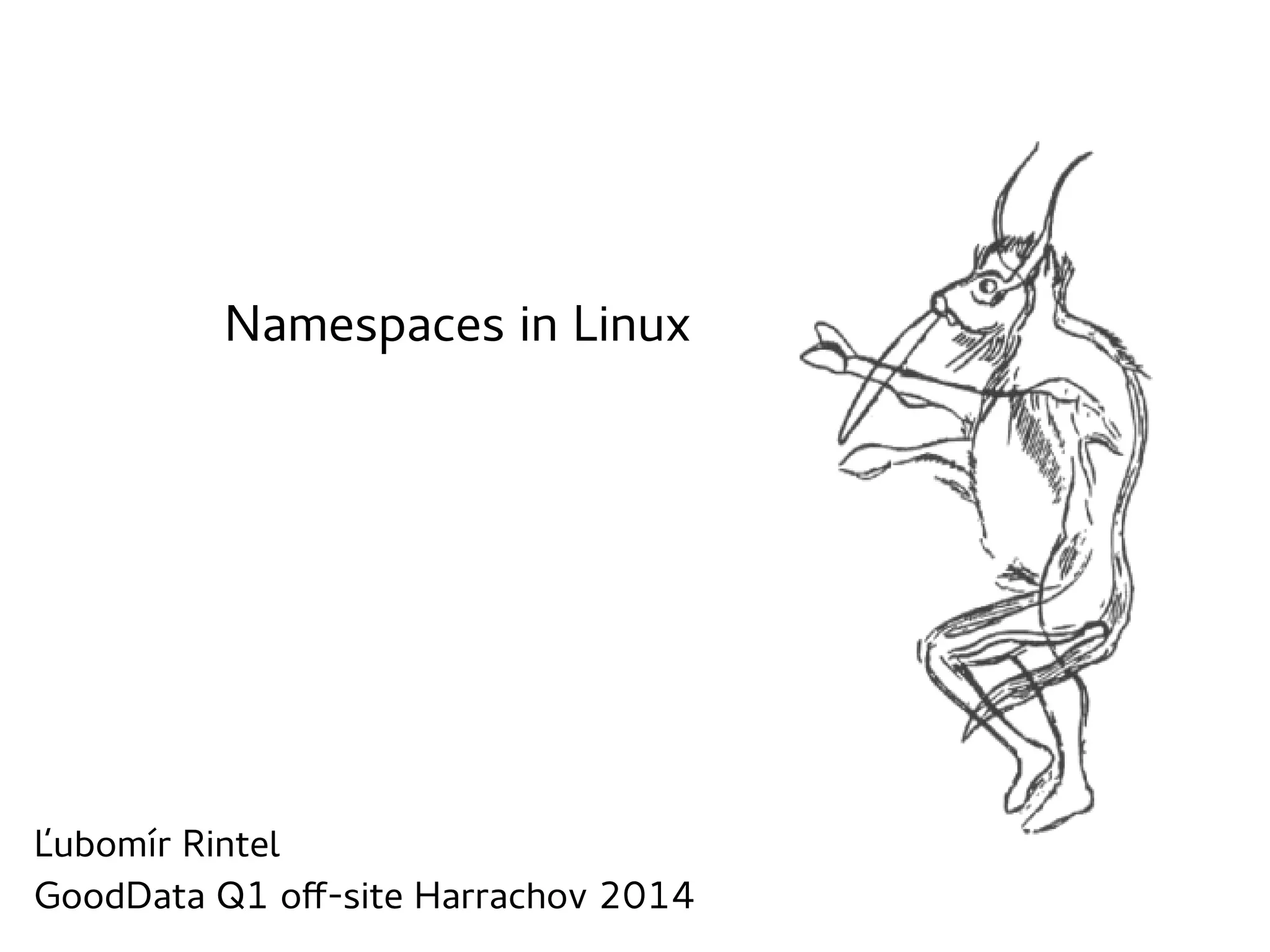 Namespaces in Linux

Ľubomír Rintel
GoodData Q1 off-site Harrachov 2014

 