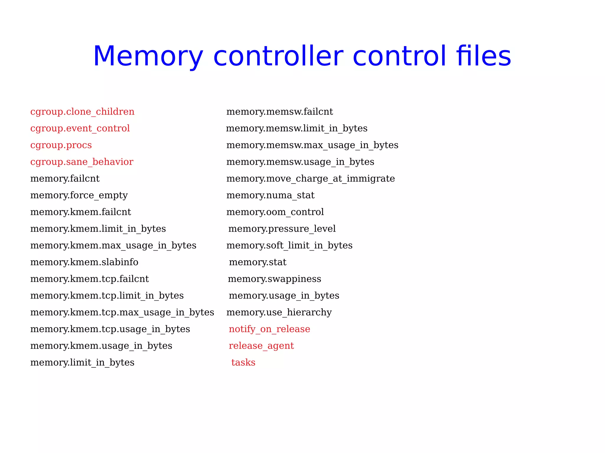 Memory controller control files
cgroup.clone_children memory.memsw.failcnt
cgroup.event_control memory.memsw.limit_in_bytes
cgroup.procs memory.memsw.max_usage_in_bytes
cgroup.sane_behavior memory.memsw.usage_in_bytes
memory.failcnt memory.move_charge_at_immigrate
memory.force_empty memory.numa_stat
memory.kmem.failcnt memory.oom_control
memory.kmem.limit_in_bytes memory.pressure_level
memory.kmem.max_usage_in_bytes memory.soft_limit_in_bytes
memory.kmem.slabinfo memory.stat
memory.kmem.tcp.failcnt memory.swappiness
memory.kmem.tcp.limit_in_bytes memory.usage_in_bytes
memory.kmem.tcp.max_usage_in_bytes memory.use_hierarchy
memory.kmem.tcp.usage_in_bytes notify_on_release
memory.kmem.usage_in_bytes release_agent
memory.limit_in_bytes tasks
 