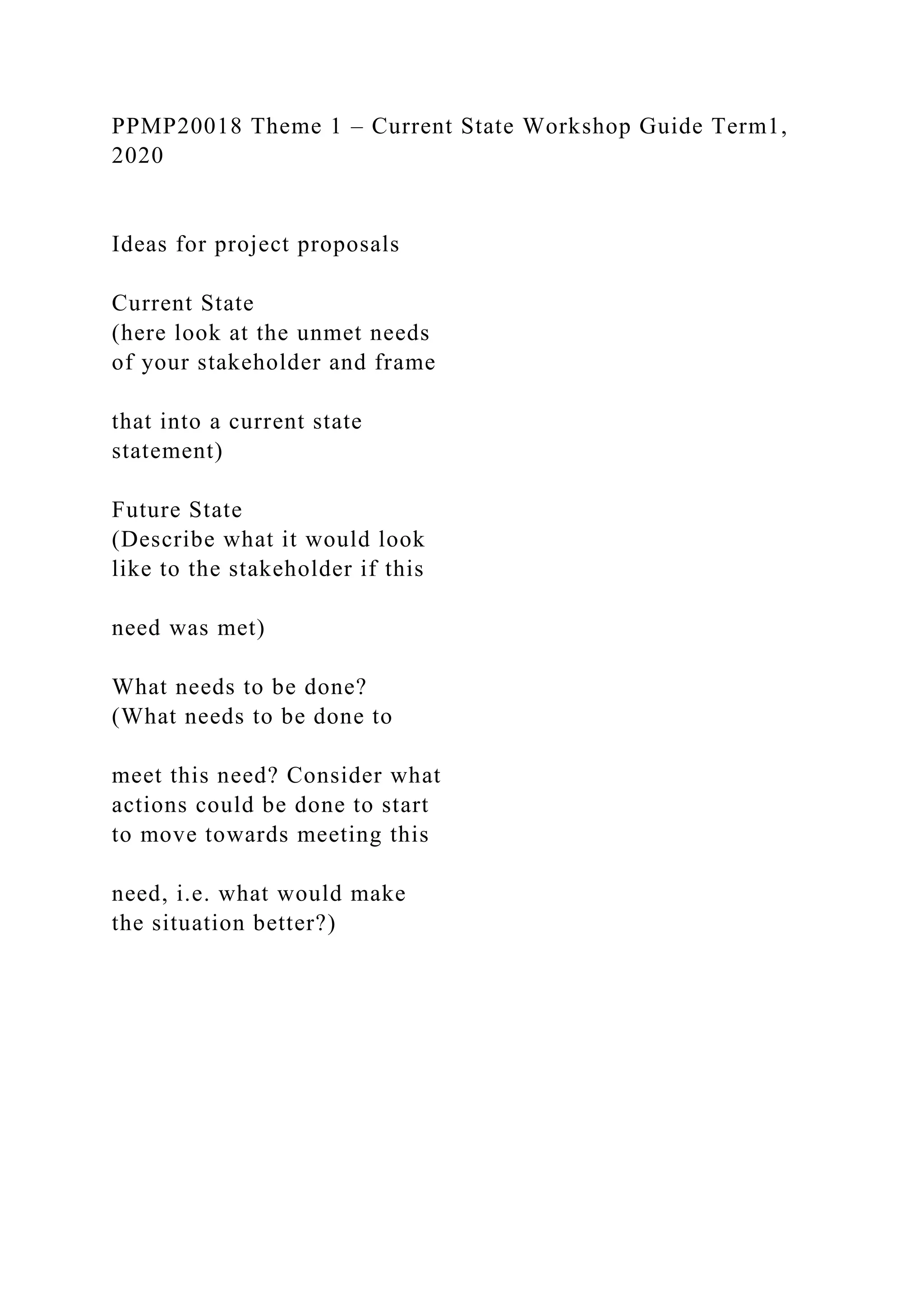 PPMP20018 Theme 1 – Current State Workshop Guide Term1,
2020
Ideas for project proposals
Current State
(here look at the unmet needs
of your stakeholder and frame
that into a current state
statement)
Future State
(Describe what it would look
like to the stakeholder if this
need was met)
What needs to be done?
(What needs to be done to
meet this need? Consider what
actions could be done to start
to move towards meeting this
need, i.e. what would make
the situation better?)
 