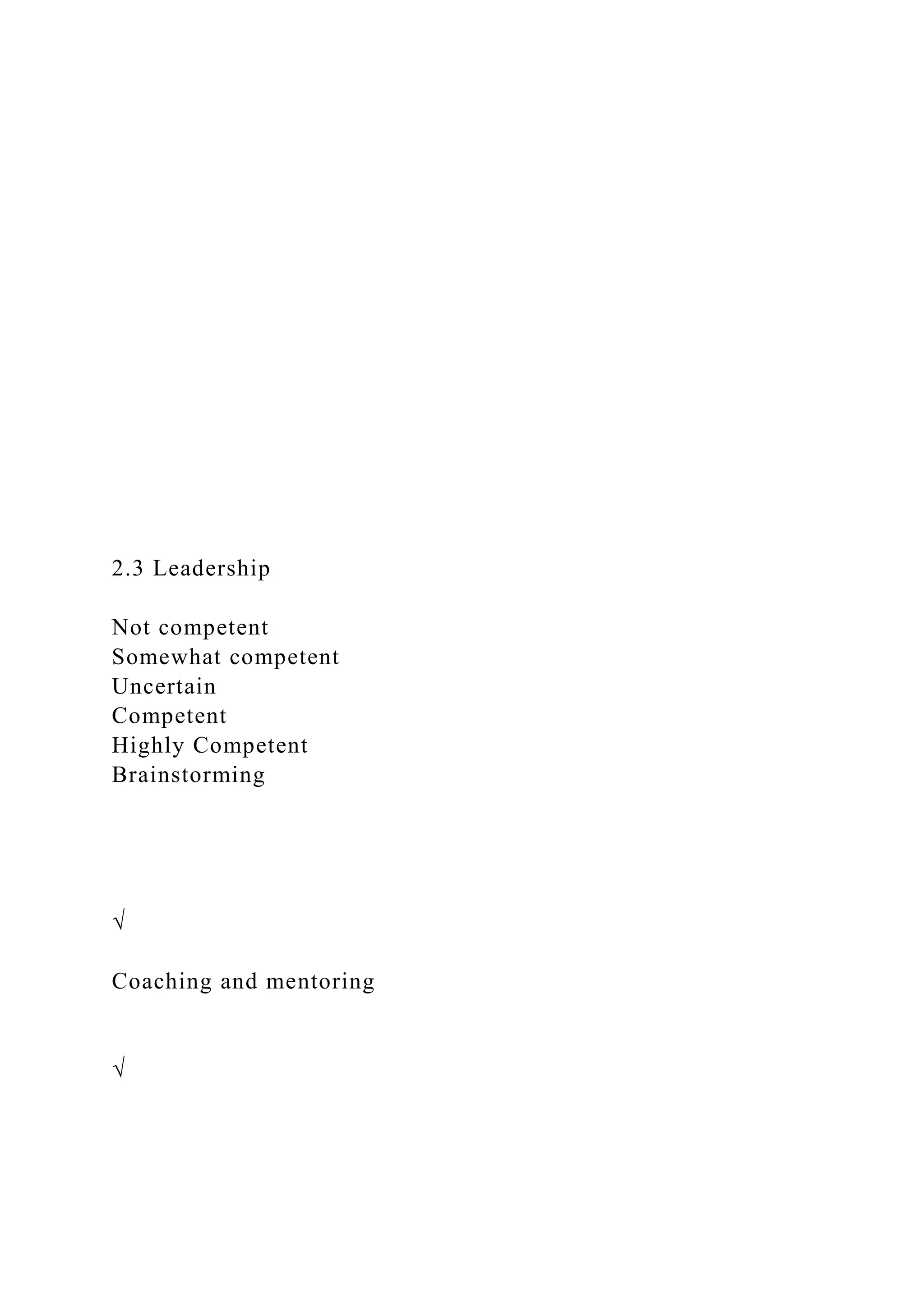 2.3 Leadership
Not competent
Somewhat competent
Uncertain
Competent
Highly Competent
Brainstorming
√
Coaching and mentoring
√
 
