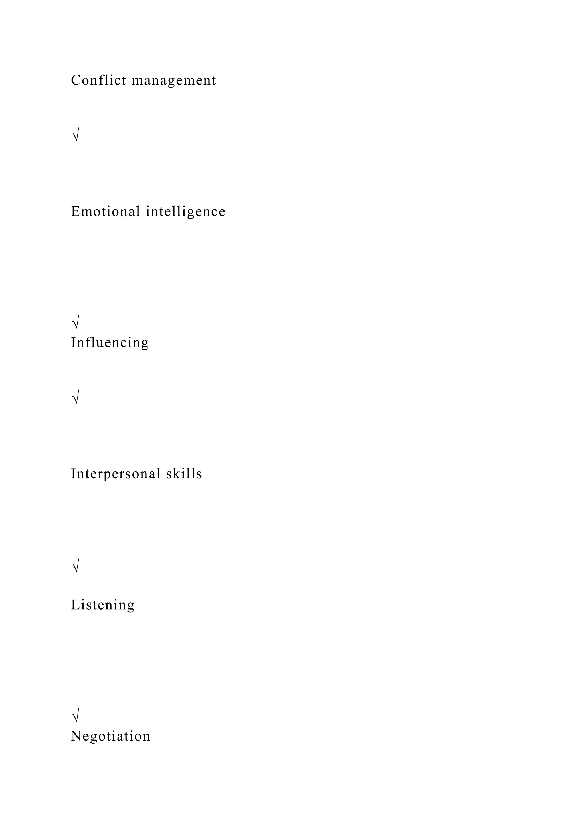 Conflict management
√
Emotional intelligence
√
Influencing
√
Interpersonal skills
√
Listening
√
Negotiation
 