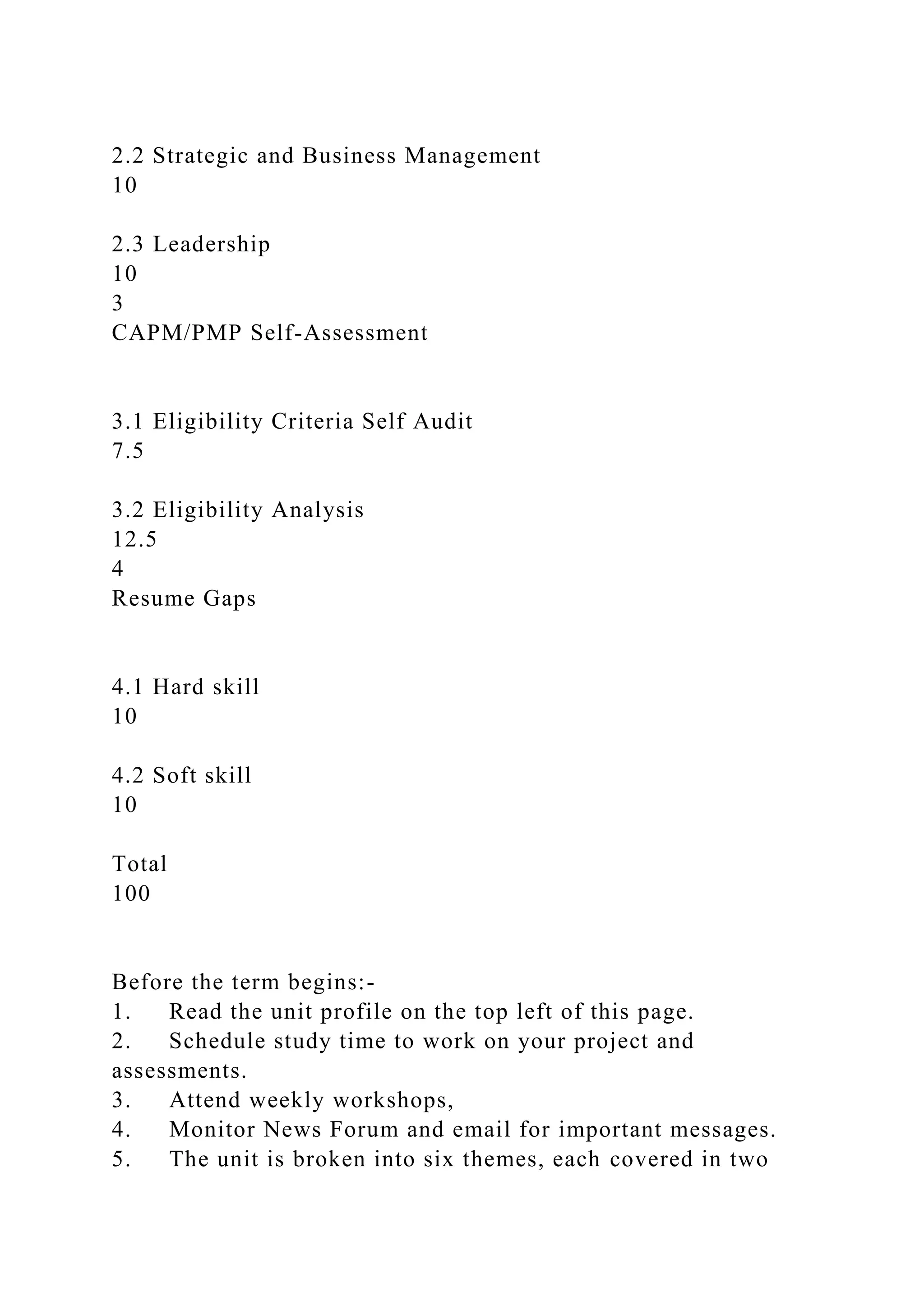 2.2 Strategic and Business Management
10
2.3 Leadership
10
3
CAPM/PMP Self-Assessment
3.1 Eligibility Criteria Self Audit
7.5
3.2 Eligibility Analysis
12.5
4
Resume Gaps
4.1 Hard skill
10
4.2 Soft skill
10
Total
100
Before the term begins:-
1. Read the unit profile on the top left of this page.
2. Schedule study time to work on your project and
assessments.
3. Attend weekly workshops,
4. Monitor News Forum and email for important messages.
5. The unit is broken into six themes, each covered in two
 
