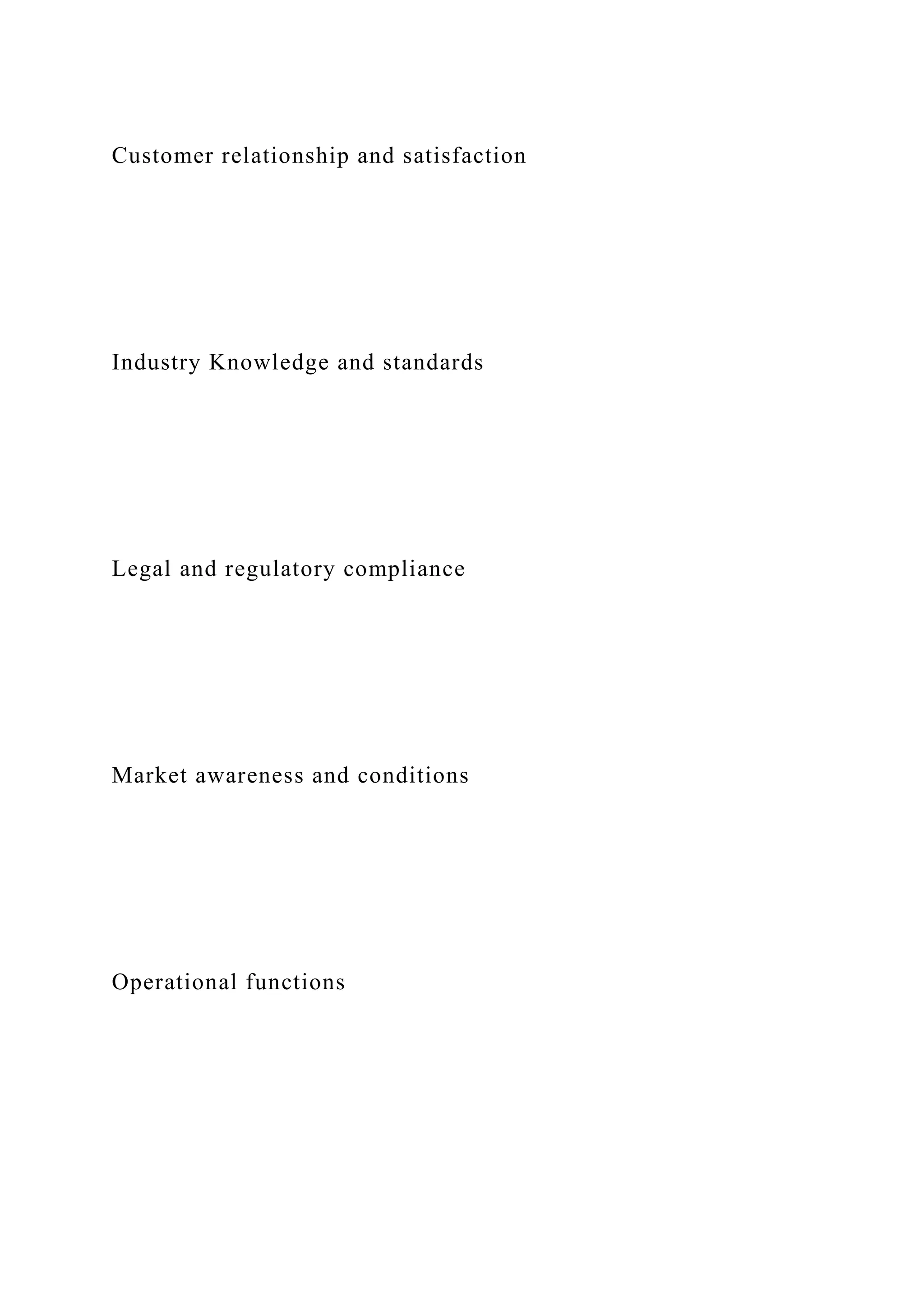 Customer relationship and satisfaction
Industry Knowledge and standards
Legal and regulatory compliance
Market awareness and conditions
Operational functions
 