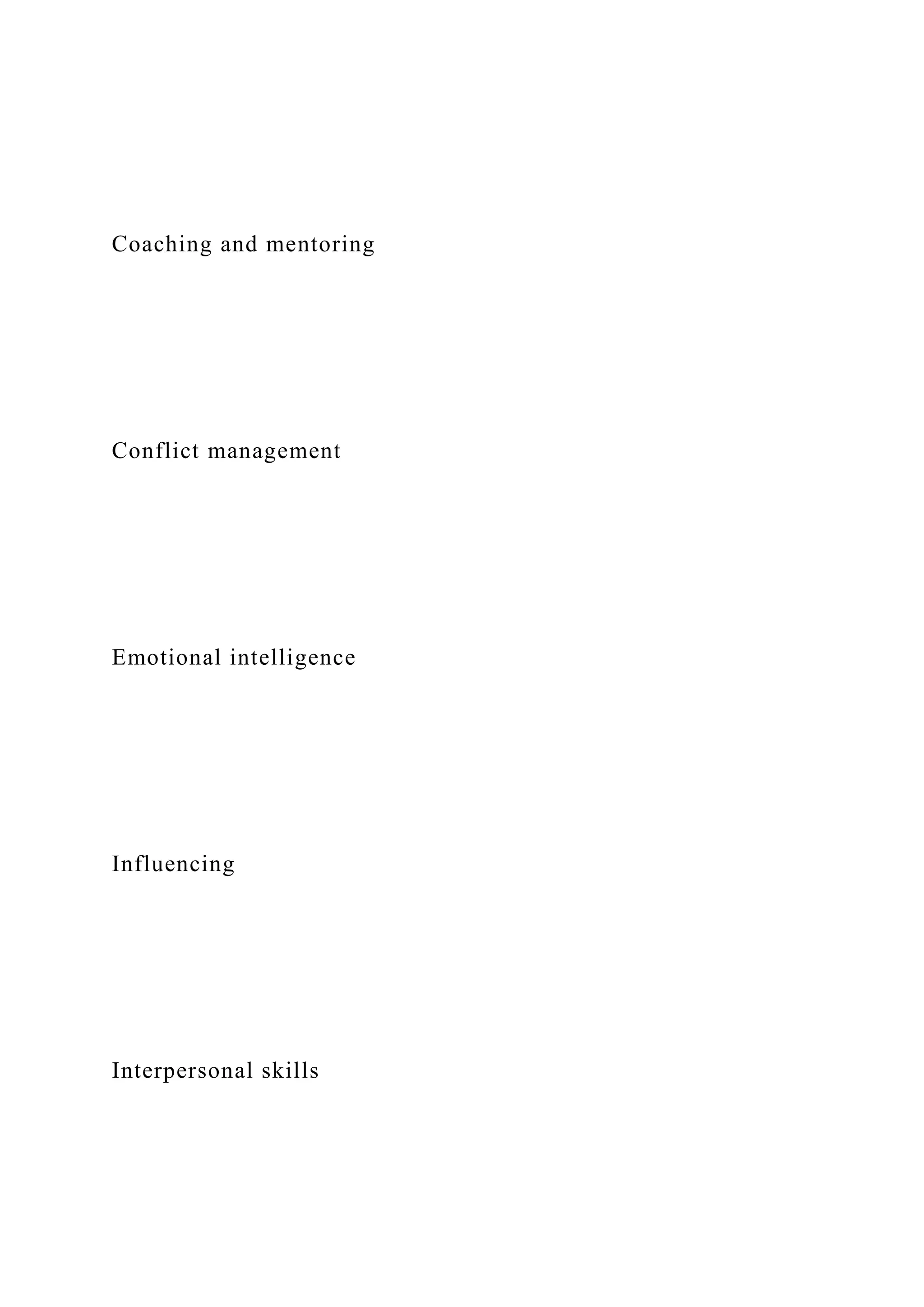 Coaching and mentoring
Conflict management
Emotional intelligence
Influencing
Interpersonal skills
 