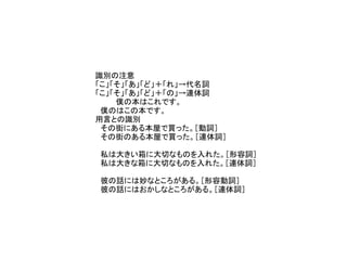 識別の注意
「こ」「そ」「あ」「ど」＋「れ」→代名詞
「こ」「そ」「あ」「ど」＋「の」→連体詞
　 　僕の本はこれです。
　僕のはこの本です。
用言との識別
　その街にある本屋で買った。［動詞］
　その街のある本屋で買った。［連体詞］
　私は大きい箱に大切なものを入れた。［形容詞］
　私は大きな箱に大切なものを入れた。［連体詞］
　彼の話には妙なところがある。［形容動詞］
　彼の話にはおかしなところがある。［連体詞］
 
