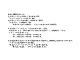 動詞の種類とはたらき
自動詞…主語への動作･作用を表す動詞。
　「－が」「－は」「－も」の主語に続く。
他動詞…主語以外への動作･作用を表す動詞。
　「－を」「－に」の修飾語に続く。
　　　　生徒たちが笑う［自動詞］　　生徒たちを笑わせる［他動詞］
可能動詞…「－できる」という可能の意味をもつ動詞。
　可能動詞にすることができるのは五段活用動詞だけで、可能動詞にすると、
　すべて下一段活用になる。
　　　　動く［五段活用］→動ける［下一段活用］
　　　　聞く［五段活用］→聞ける［下一段活用］
補助動詞（形式動詞）…本来の動詞の意味が弱くなり、補助的な役割で使われる動詞。
　「－て（で）」という形の文節に続く。
　「ある」「いく」「いる」「おく」「くる」「みる」「もらう」など。
　　　　本がおいてある。　　がんばって勉強してみる
 