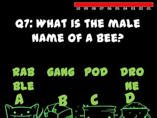 10 09 08 07 06 05 04 03 02 01



Q7: What is the male
   name of a bee?

rab   gang pod              dro
ble                          ne
A      B        C            D
 