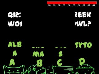 10 09 08 07 06 05 04 03 02 01



Q12: What is the Greek
word name for owl?

alb   gno      otu          tyto
 a    ma        s
A      B         C            D
 