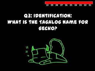 10 09 08 07 06 05 04 03 02 01



      Q3: Identification:
What is the Tagalog name for
            Gecko?



         TUKO
 