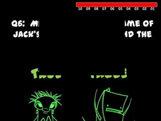 10 09 08 07 06 05 04 03 02 01



Q6: Milky White is the name of
Jack’s cow in the Jack and the
       Beanstalk story.


    TRUE          FALSE
 