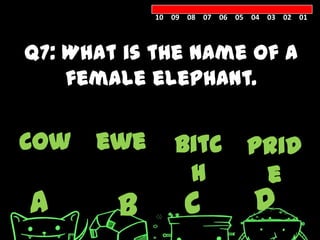 10 09 08 07 06 05 04 03 02 01




Q7: What is the name of a
    female elephant.


cow   ewe      bitc          prid
                h             e
A       B        C            D
 