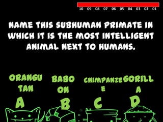 10 09 08 07 06 05 04 03 02 01



Name this subhuman primate in
which it is the most intelligent
   animal next to humans.


orangu   babo    chimpanze gorill
 tan      on         e       a
 A         B         C            D
 