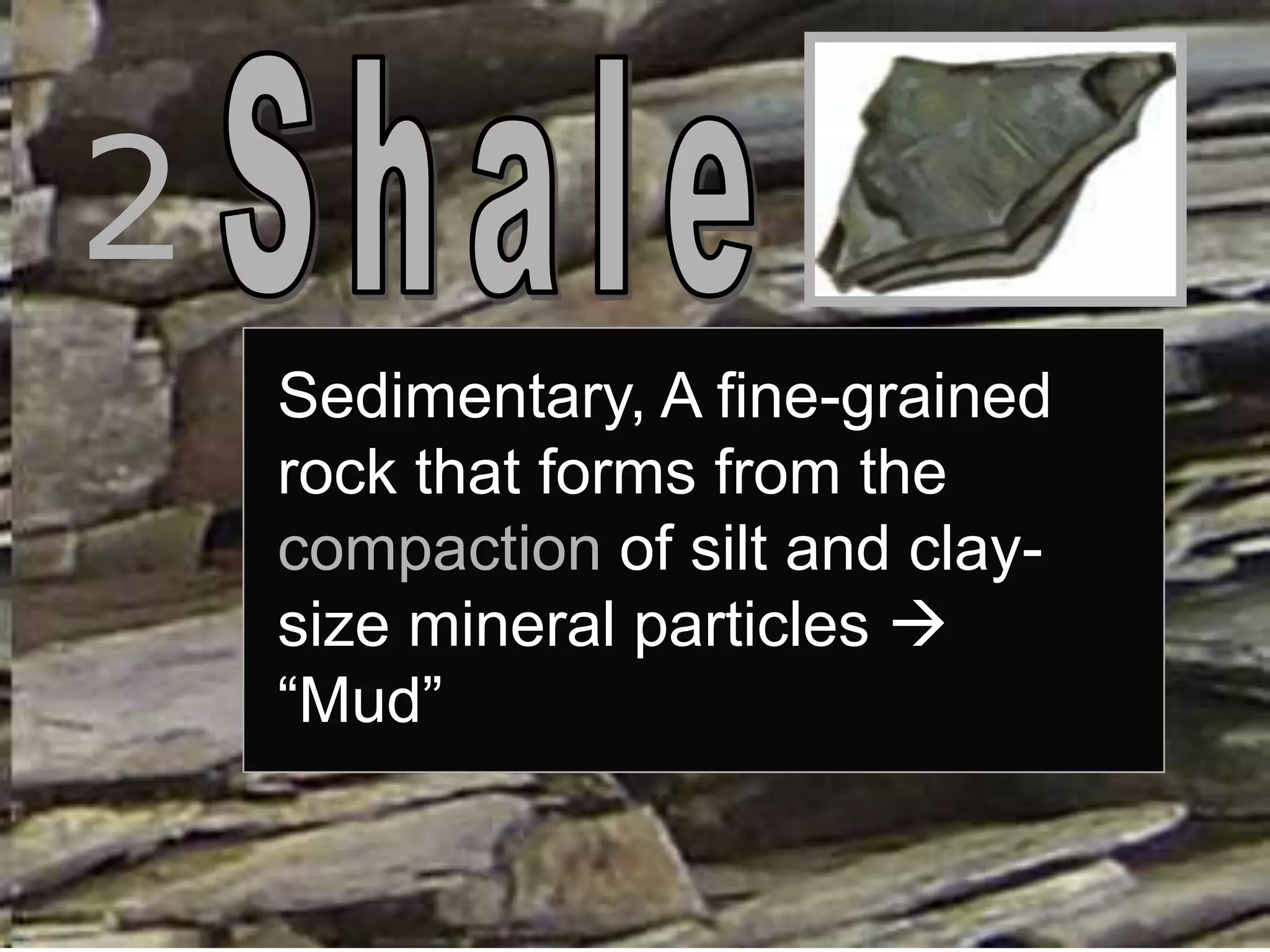 2
Sedimentary, A fine-grained
rock that forms from the
compaction of silt and clay-
size mineral particles 
“Mud”
 