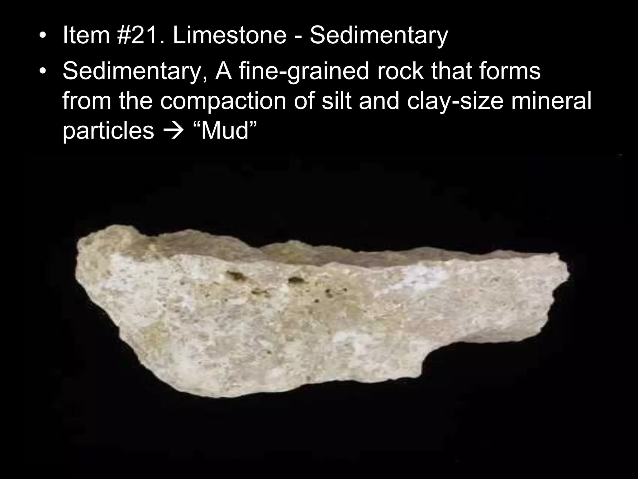 • Item #21. Limestone - Sedimentary
• Sedimentary, A fine-grained rock that forms
from the compaction of silt and clay-size mineral
particles  “Mud”
 