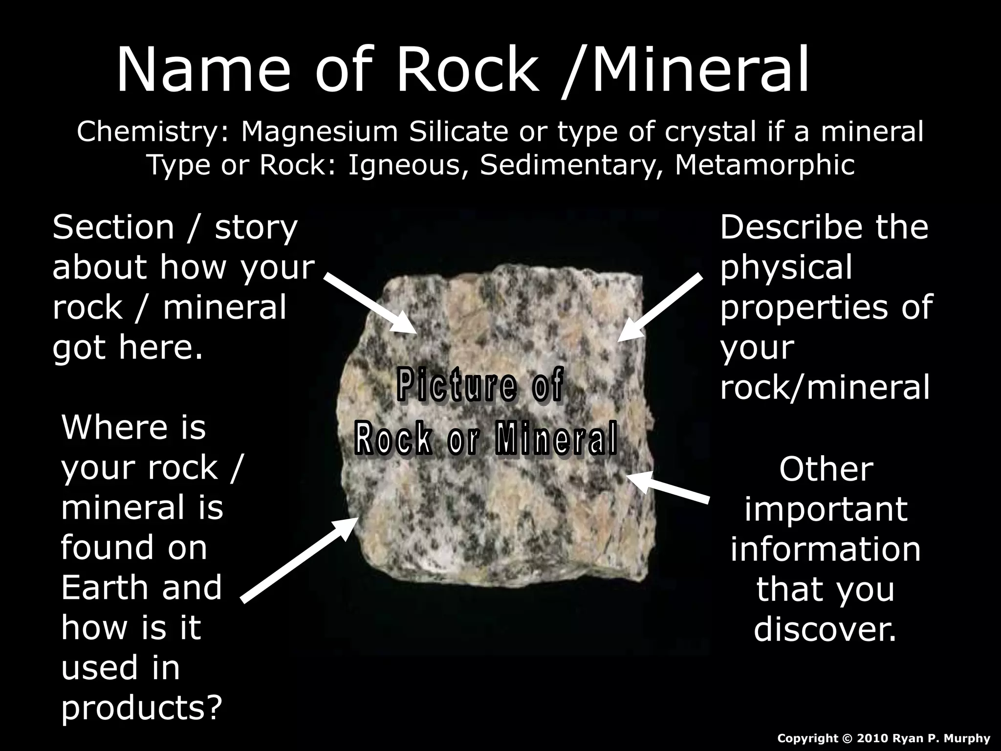 Name of Rock /Mineral
Chemistry: Magnesium Silicate or type of crystal if a mineral
Type or Rock: Igneous, Sedimentary, Metamorphic
Section / story
about how your
rock / mineral
got here.
Describe the
physical
properties of
your
rock/mineral
Where is
your rock /
mineral is
found on
Earth and
how is it
used in
products?
Other
important
information
that you
discover.
Copyright © 2010 Ryan P. Murphy
 
