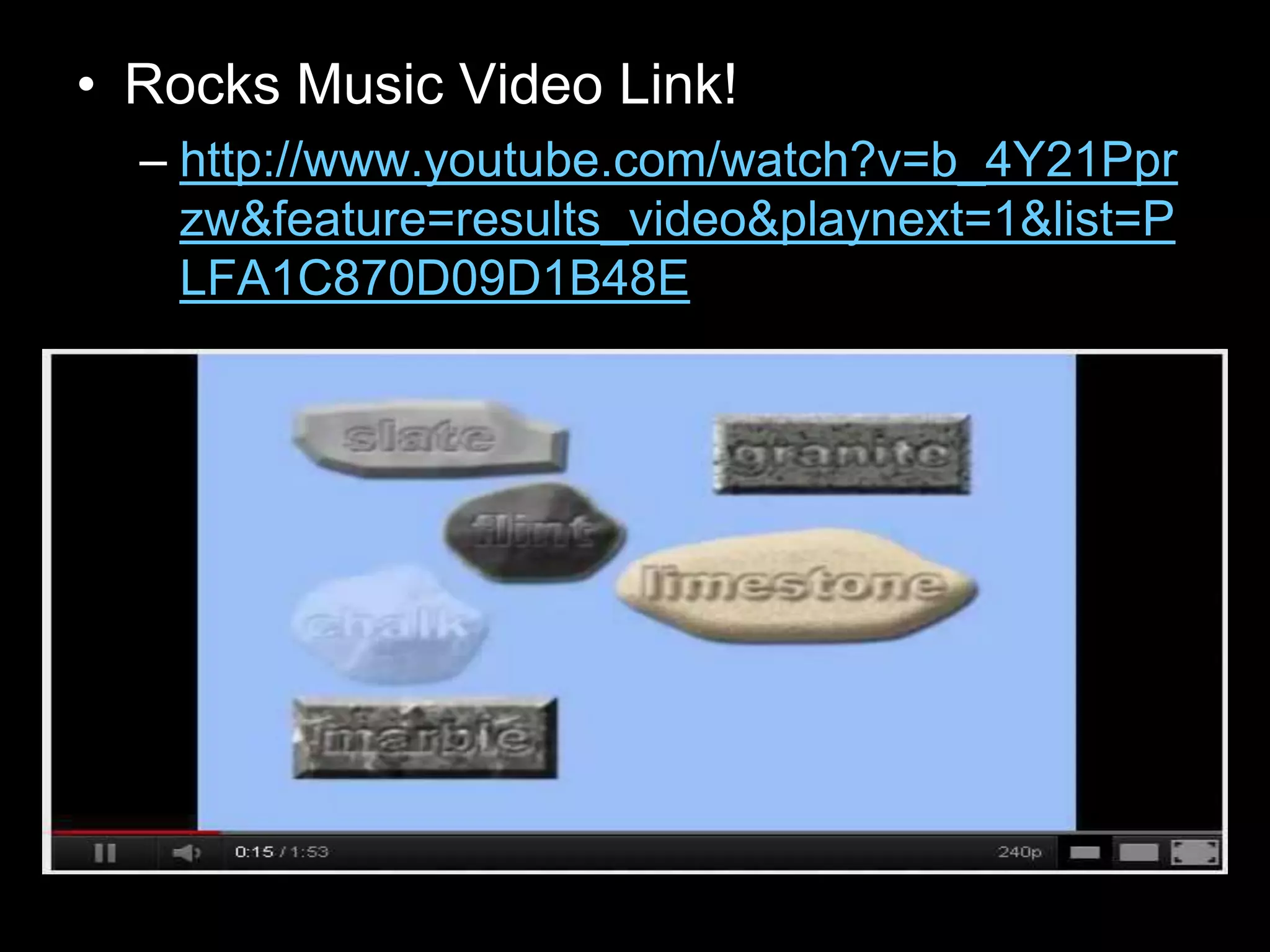 • Rocks Music Video Link!
– http://www.youtube.com/watch?v=b_4Y21Ppr
zw&feature=results_video&playnext=1&list=P
LFA1C870D09D1B48E
 