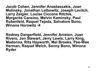 31
Jacob Cohen, Jennifer Anastassakis, Joan
Molinsky, Jonathan Leibowitz, Joseph Levitch,
Larry Zeigler, Louise Ciccone Ritchie,
Margarita Cansino, Melvin Kaminsky, Paul
Rubenfeld, Raquel Tejada, Salvatore Bono,
Winona Horowitz 
Rodney Dangerfield, Jennifer Aniston, Joan
Rivers, Jon Stewart, Jerry Lewis, Larry King,
Madonna, Rita Hayworth, Mel Brooks, Pee-Wee
Herman, Raquel Welch, Sonny Bono, Winona
Ryder
 