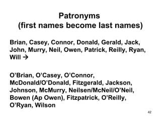 42
Patronyms
(first names become last names)
Brian, Casey, Connor, Donald, Gerald, Jack,
John, Murry, Neil, Owen, Patrick, Reilly, Ryan,
Will 
O’Brian, O’Casey, O’Connor,
McDonald/O’Donald, Fitzgerald, Jackson,
Johnson, McMurry, Neilsen/McNeil/O’Neil,
Bowen (Ap Owen), Fitzpatrick, O’Reilly,
O’Ryan, Wilson
 