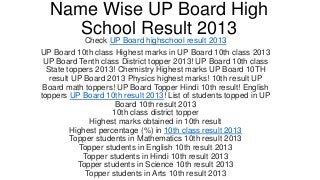Name Wise UP Board High
School Result 2013Check UP Board highschool result 2013
UP Board 10th class Highest marks in UP Board 10th class 2013
UP Board Tenth class District topper 2013! UP Board 10th class
State toppers 2013! Chemistry Highest marks UP Board 10TH
result UP Board 2013 Physics highest marks! 10th result UP
Board math toppers! UP Board Topper Hindi 10th result! English
toppers UP Board 10th result 2013! List of students topped in UP
Board 10th result 2013
10th class district topper
Highest marks obtained in 10th result
Highest percentage (%) in 10th class result 2013
Topper students in Mathematics 10th result 2013
Topper students in English 10th result 2013
Topper students in Hindi 10th result 2013
Topper students in Science 10th result 2013
Topper students in Arts 10th result 2013
 
