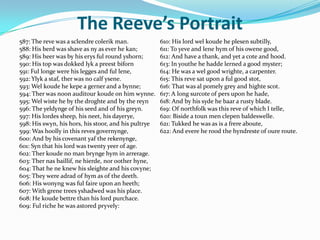 The Reeve’s Portrait 587: The reve was a sclendrecolerik man.  588: His berd was shave as ny as ever he kan;  589: His heer was by his erysful round yshorn;  590: His top was dokkedlyk a preestbiforn 591: Fullonge were his legges and fullene,  592: Ylyk a staf, ther was no calf ysene.  593: Welkoude he kepe a gerner and a bynne;  594: Ther was noon auditourkoude on him wynne.  595: Welwiste he by the droghte and by the reyn 596: The yeldynge of his seed and of his greyn.  597: His lordes sheep, his neet, his dayerye,  598: His swyn, his hors, his stoor, and his pultrye 599: Was hoolly in this revesgovernynge,  600: And by his covenant yaf the rekenynge,  601: Syn that his lord was twenty yeer of age.  602: Therkoude no man bryngehym in arrerage.  603: Thernasbaillif, ne hierde, nor ootherhyne,  604: That he ne knew his sleighte and his covyne;  605: They were adrad of hym as of the deeth.  606: His wonyng was ful faire upon an heeth;  607: With grene trees yshadwed was his place.  608: He koudebettre than his lord purchace.  609: Ful riche he was astoredpryvely:  610: His lord welkoude he plesensubtilly,  611: To yeve and lenehym of his owene good,  612: And have a thank, and yet a cote and hood.  613: In youthe he haddelerned a good myster;  614: He was a wel good wrighte, a carpenter.  615: This reve sat upon a ful good stot,  616: That was al pomely grey and highte scot.  617: A long surcote of pers upon he hade,  618: And by his syde he baar a rusty blade.  619: Of northfolk was this reve of which I telle,  620: Biside a toun men clepenbaldeswelle.  621: Tukked he was as is a frereaboute,  622: And evere he rood the hyndreste of oure route.  
